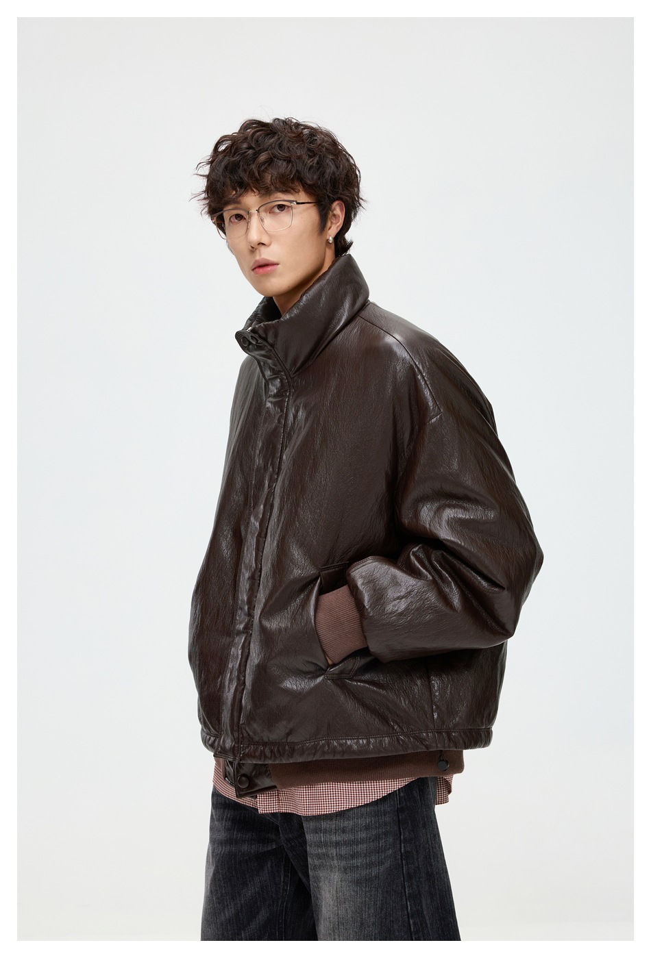 メンズ 黒 ファッション メンズ黒レザー調ダウンジャケット防寒アウター秋冬