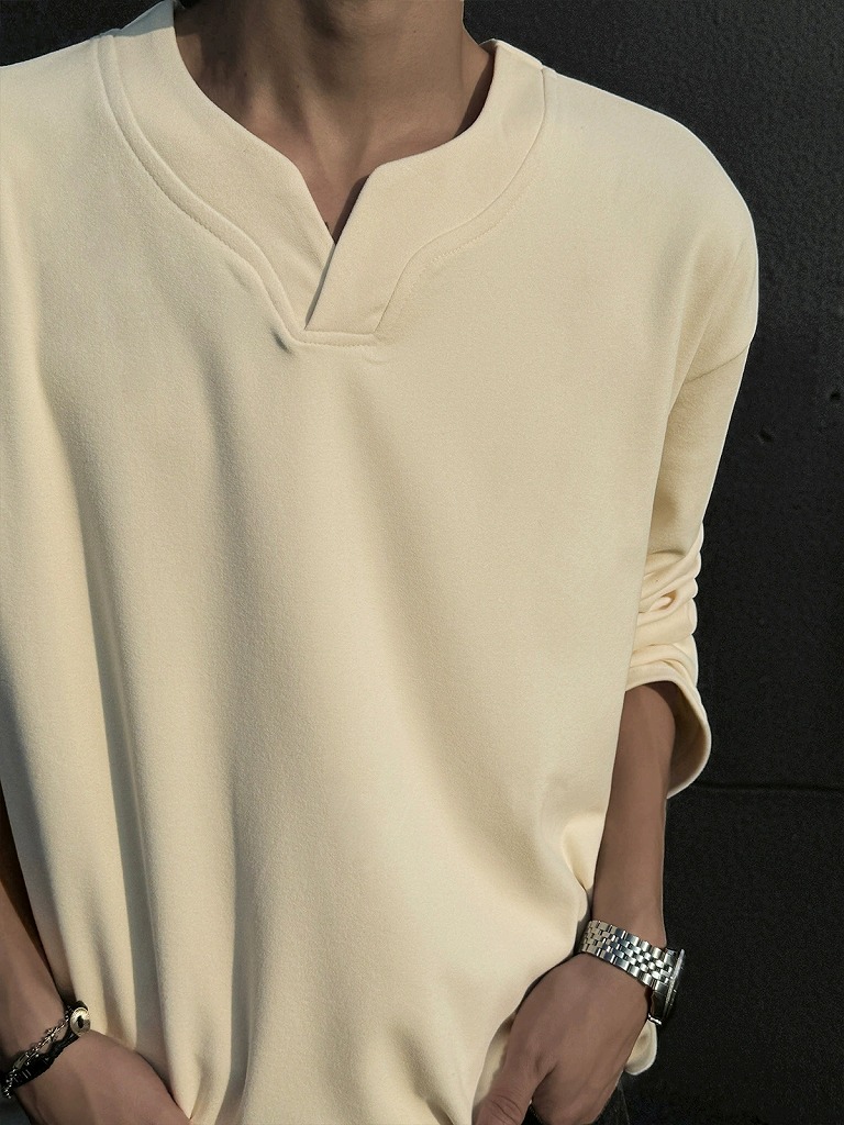 メンズ 黒 ファッション メンズブイネック長袖トップス暖かフリース素材