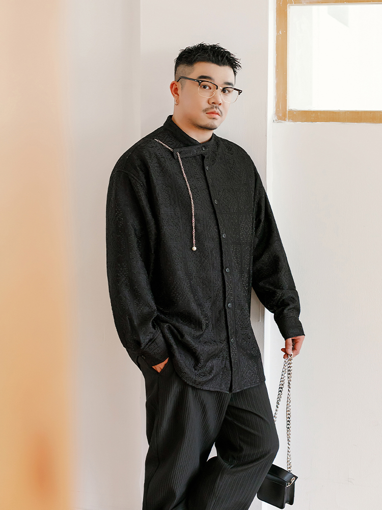 メンズ 黒 ファッション 和風柄織り チェーン付きシャツ