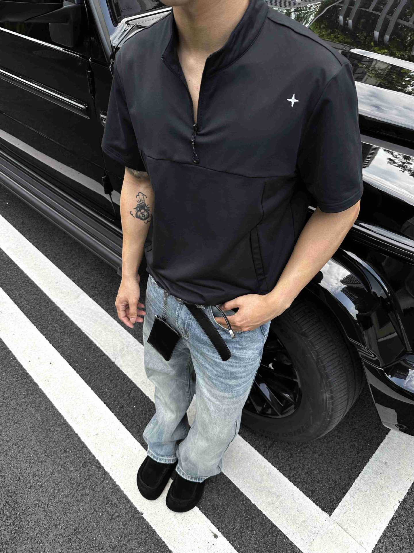 メンズ 黒 ファッション スタンドカラーハーフジップシャツ
