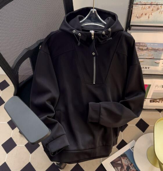 メンズ 黒 ファッション メンズ黒パーカー フード付きハーフジップトップス