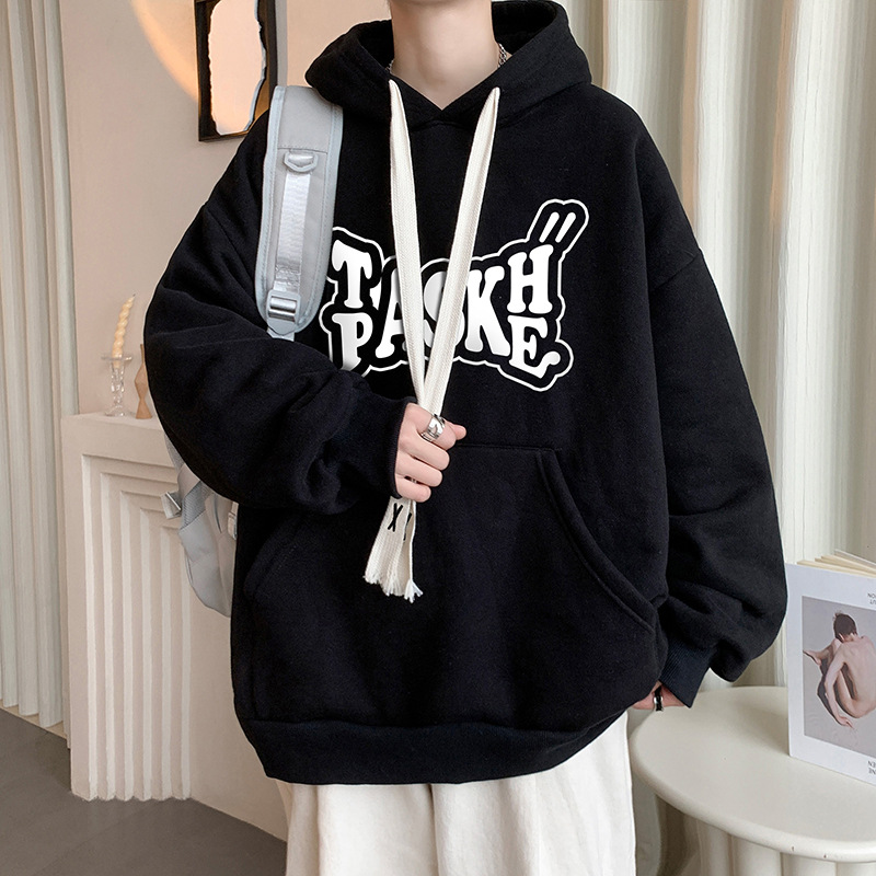 メンズ 黒 ファッション メンズ黒パーカー フード付き街系スタイル春秋冬対応