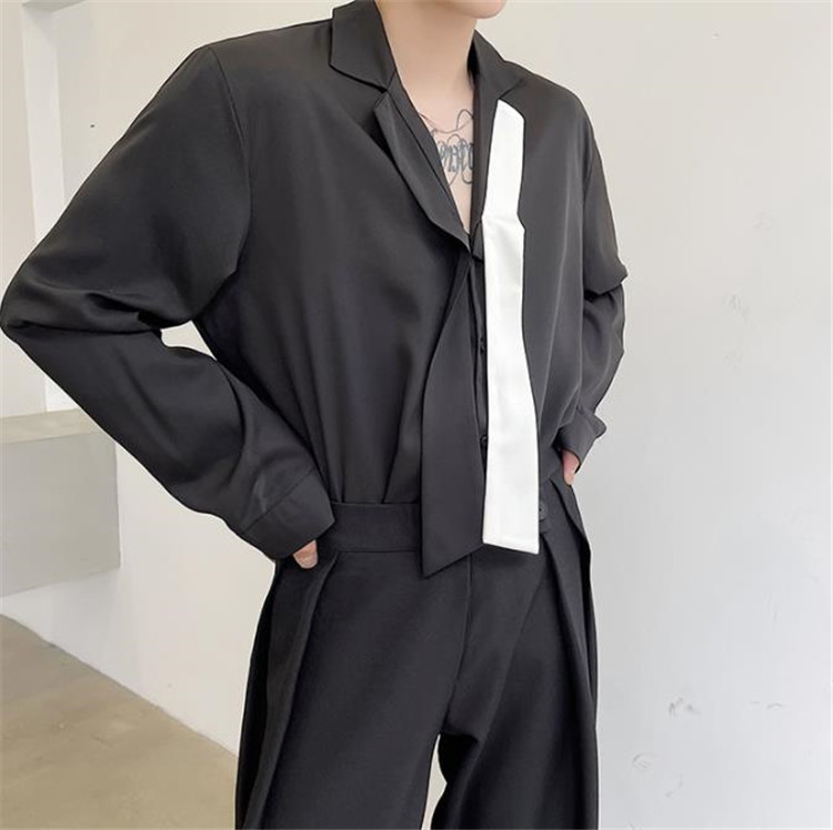 メンズ 黒 ファッション メンズゆったり長袖シャツ黒カジュアルトレンド