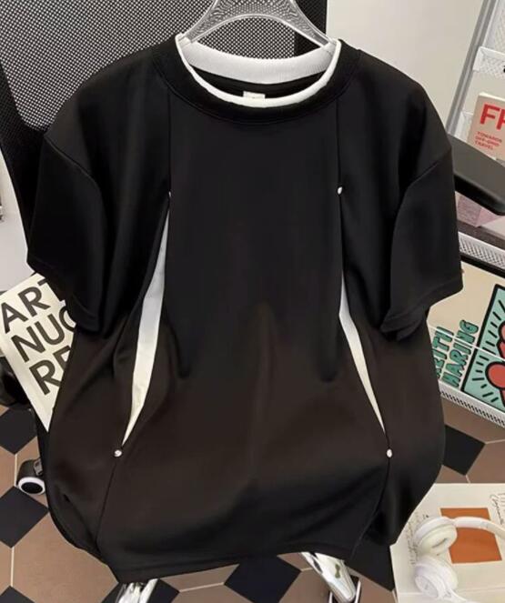 メンズ 黒 ファッション 黒スウェット半袖重ね着風メンズトップス