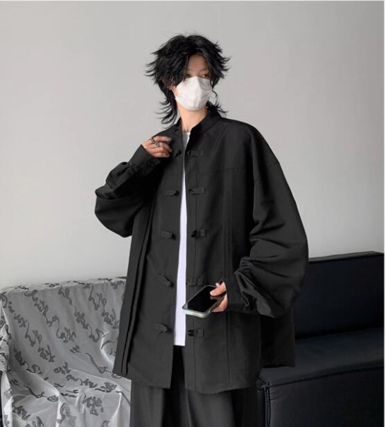 メンズ 黒 ファッション メンズ黒チャイナボタン長袖シャツ