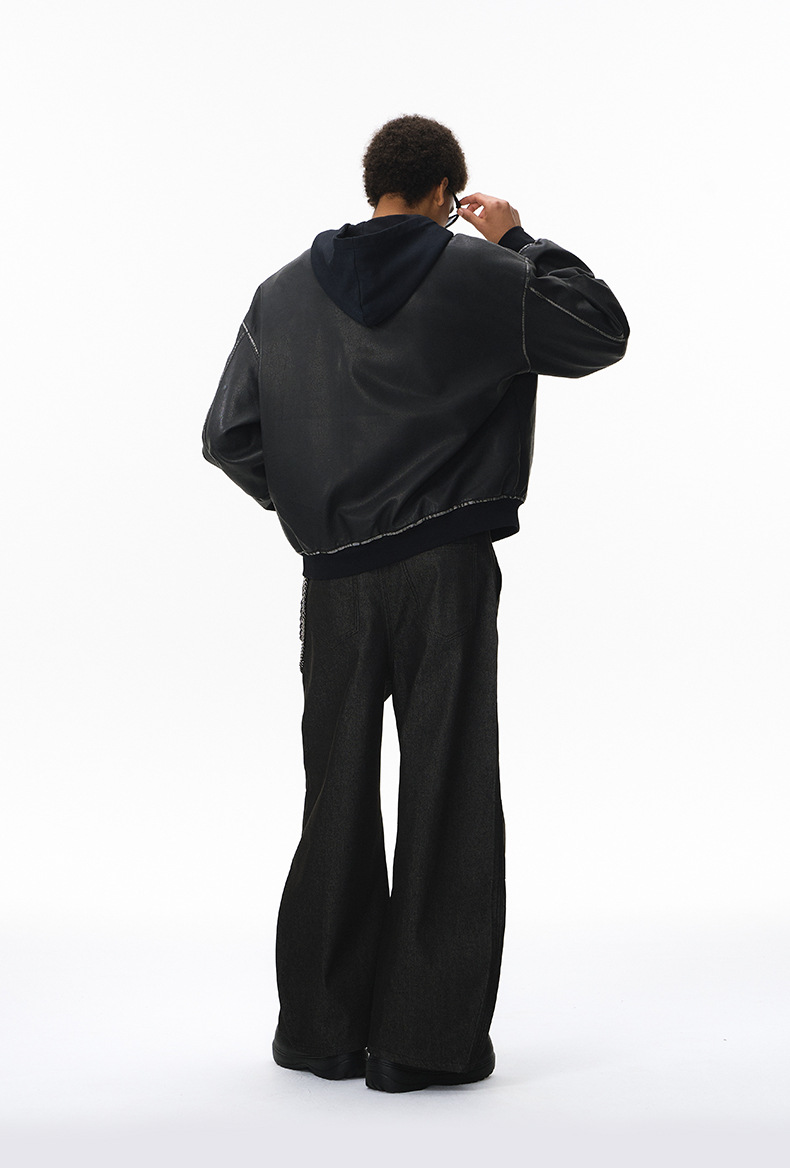 メンズ 黒 ファッション メンズ 黒 合皮ジャケット フード付き秋冬アウター