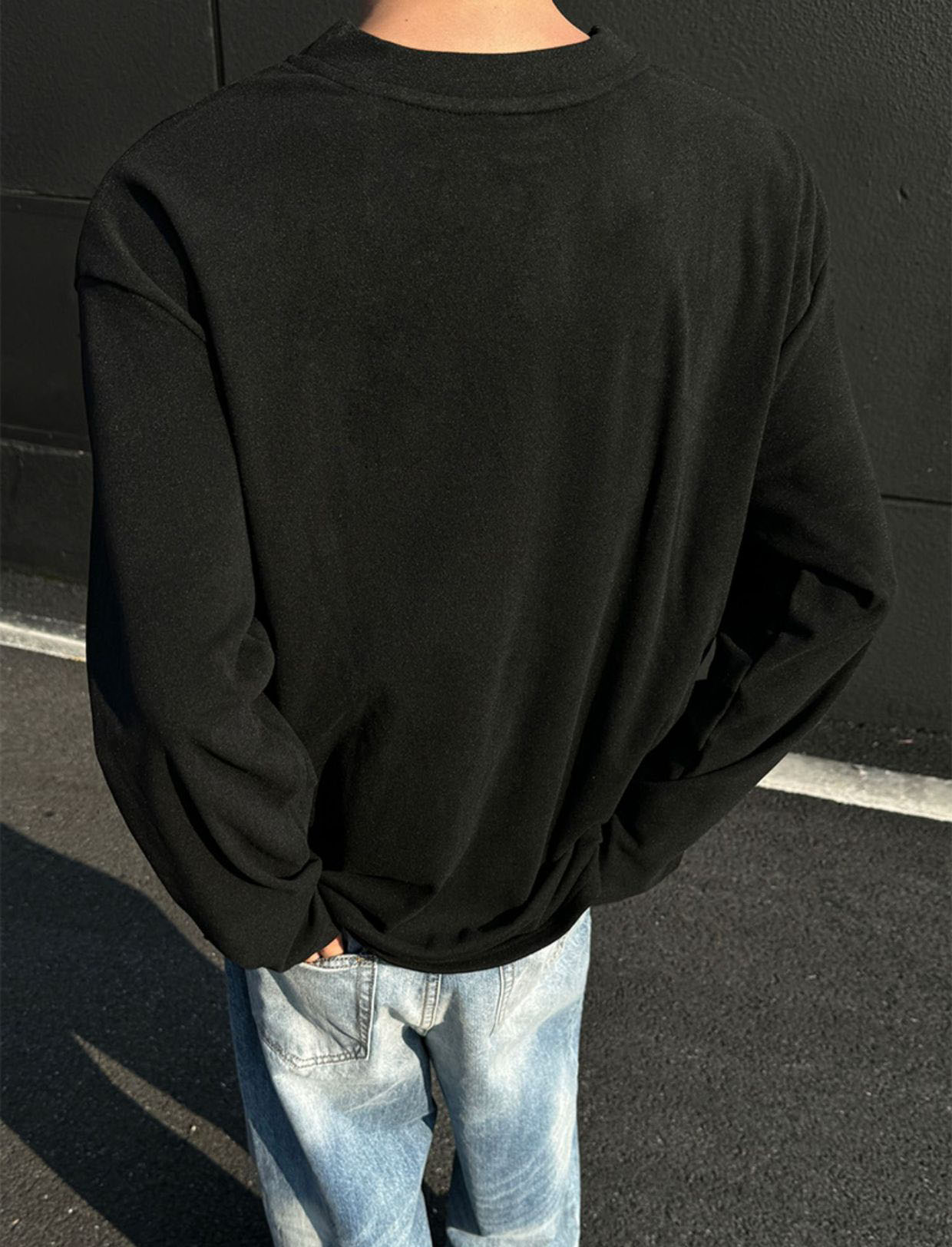 メンズ 黒 ファッション メンズブイネック長袖トップス暖かフリース素材