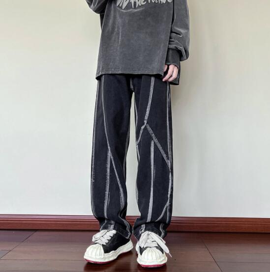 メンズ 黒 ファッション メンズ黒デニムワイドパンツステッチデザイン