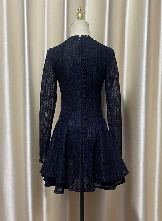 黒ドレス ミニ丈 透かし編み 上品 フレア フリル ミニドレス