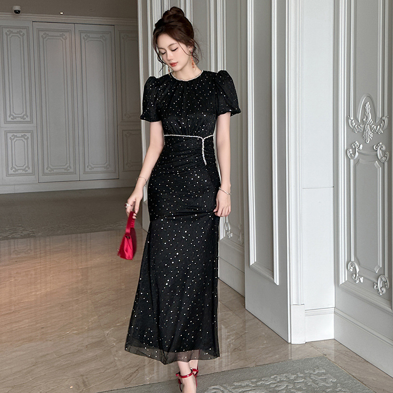 黒ドレス 星空ドットチュールパフスリーブワンピース