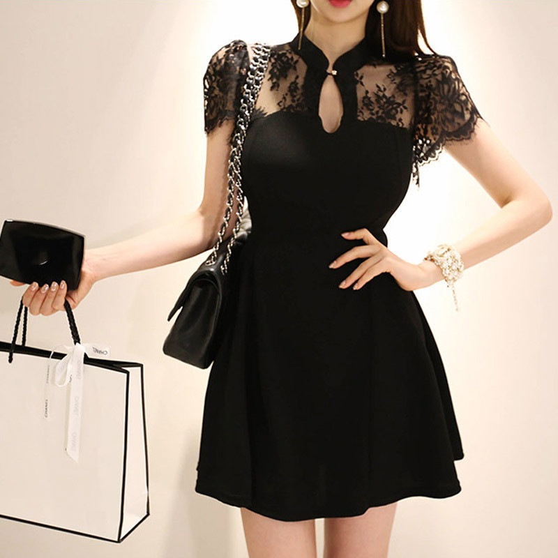 黒ドレス ミニ丈 透かし編み 上品 フレア フリル ミニドレス ミニ丈|黒