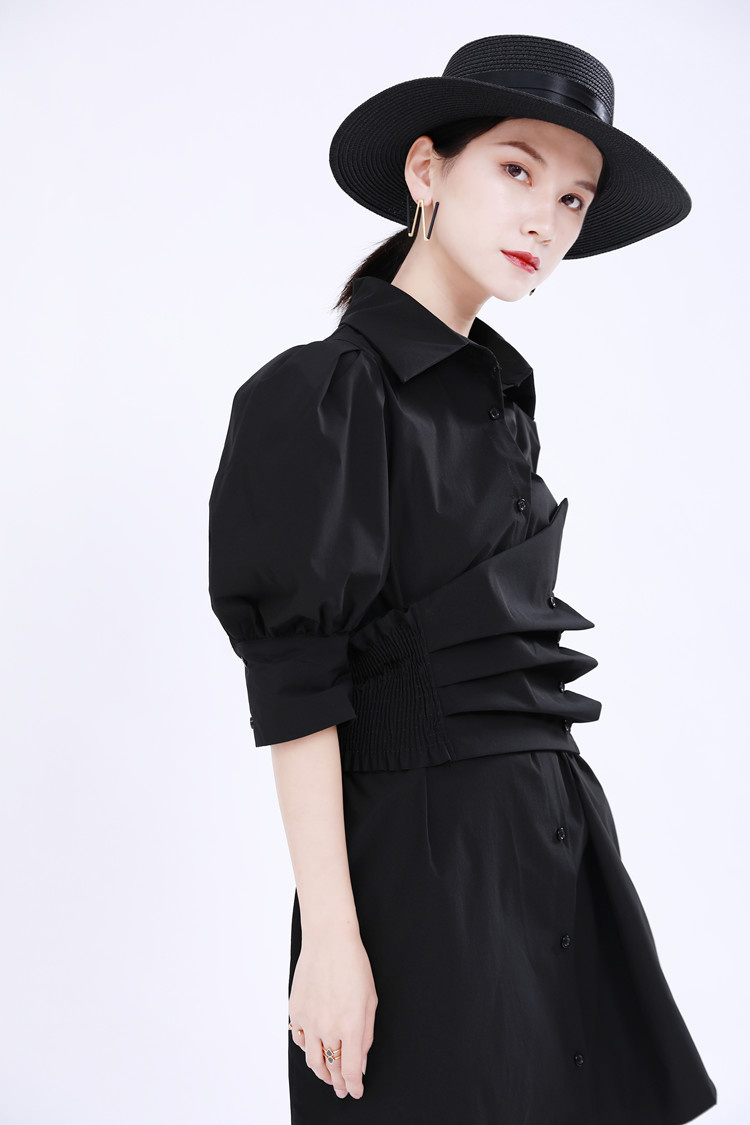 黒ドレス パフスリーブ黒シャツワンピース ウエストベルト付き