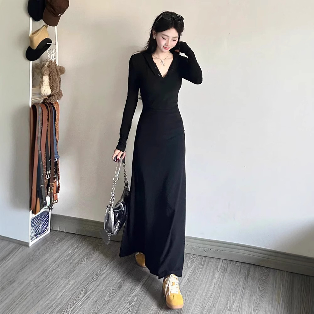 黒ドレス 大人のゆったりシルエットロングワンピース