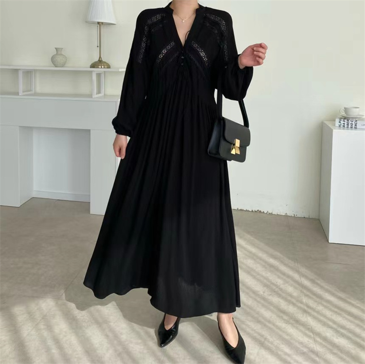 黒ドレス レトロモダン 刺繍レース 長袖マキシ丈ワンピース