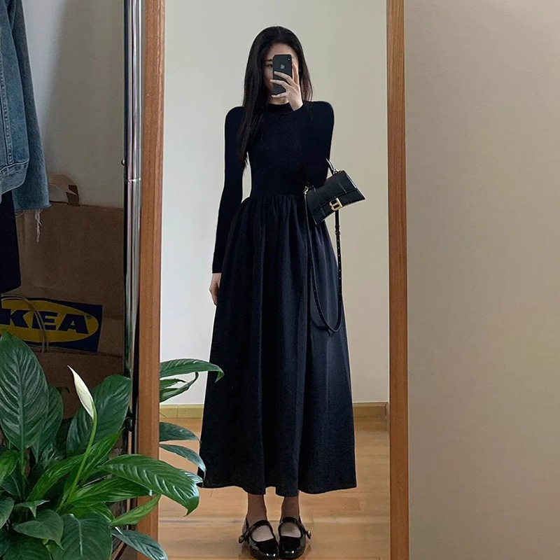 黒ドレス ロング シンプル 上品 ワンピース 長袖