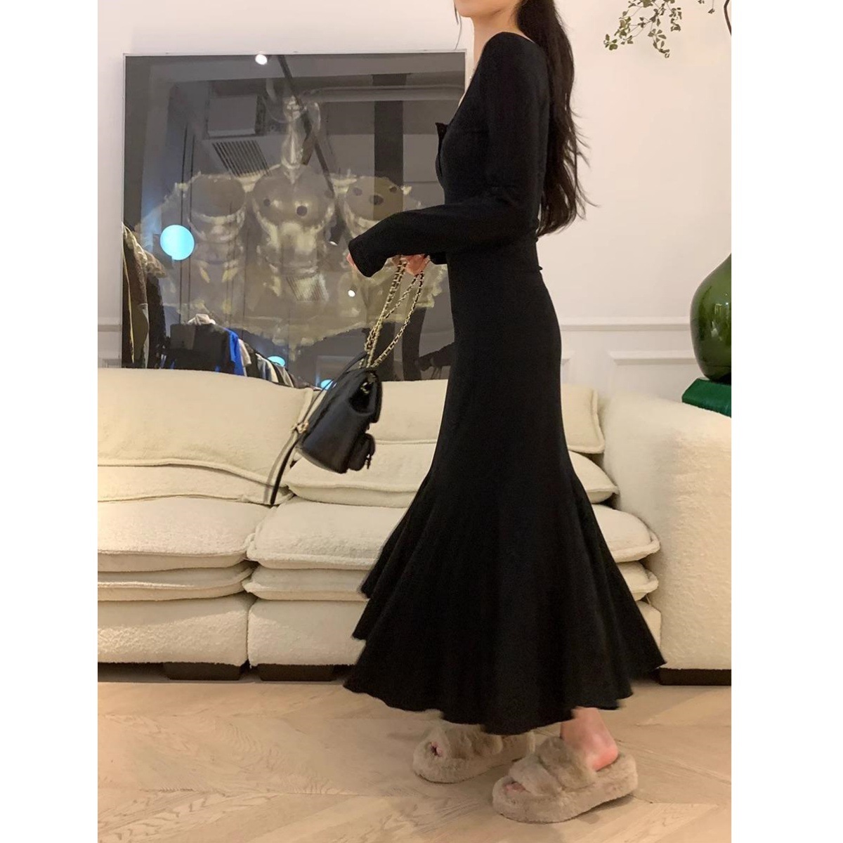 黒ドレス ロング 上品 シルエット ニット ワンピース