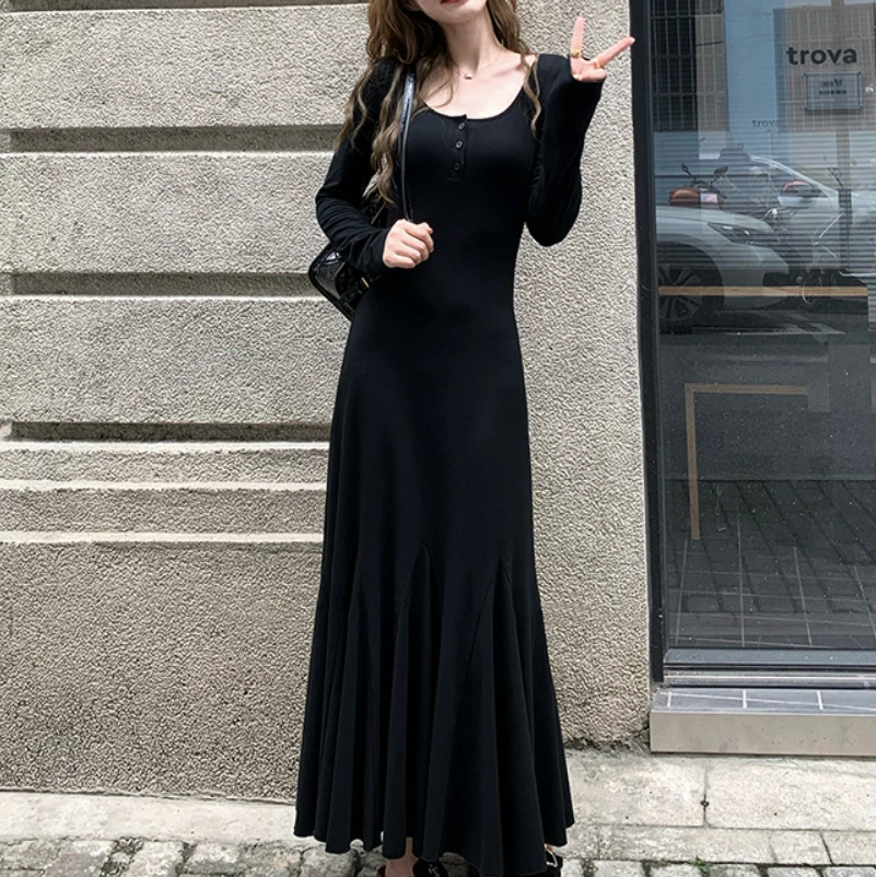 黒ドレス ロング 上品 シルエット ニット ワンピース