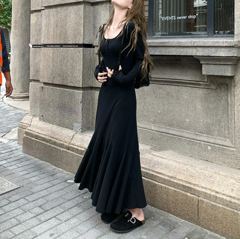 黒ドレス ロング 上品 シルエット ニット ワンピース