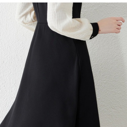 黒ドレス ひざ丈 上品 長袖 コントラスト ワンピース
