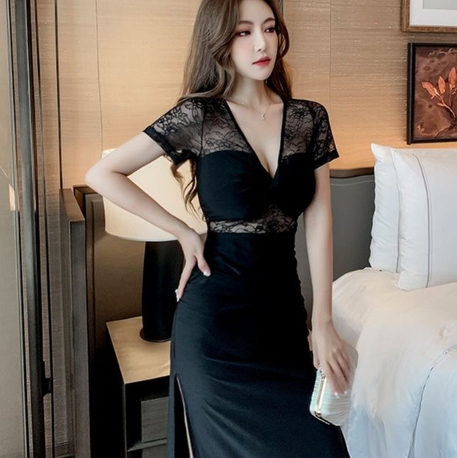 黒ドレス ロング丈 優美レースデザインスリットロングドレス