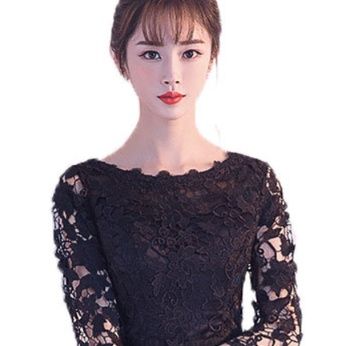 黒ドレス ロング 花柄レース七分袖チュールドレス