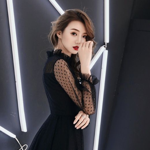 黒ドレス ロング シアードット袖 優美フレアロングドレス