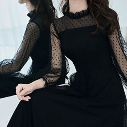 黒ドレス ロング シアードット袖 優美フレアロングドレス