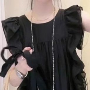 黒ドレス ロング 優美フリルデザインワンピース