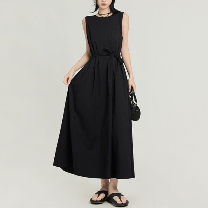 黒ドレス ロング ノースリーブ リボン ロングワンピース