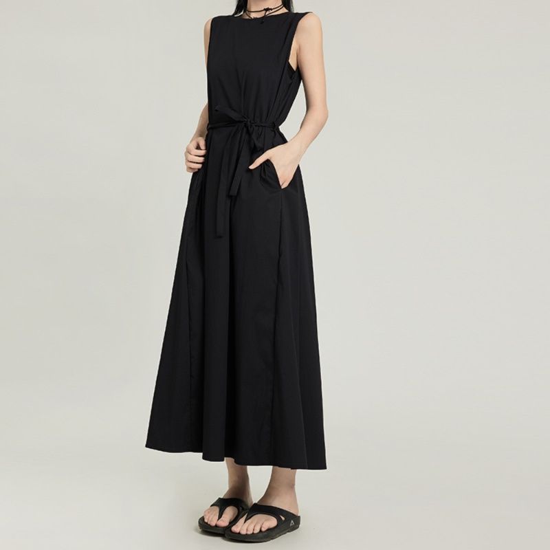 黒ドレス ロング ノースリーブ リボン ロングワンピース