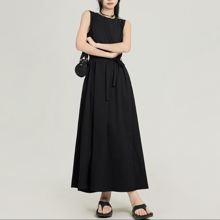 黒ドレス ロング ノースリーブ リボン ロングワンピース