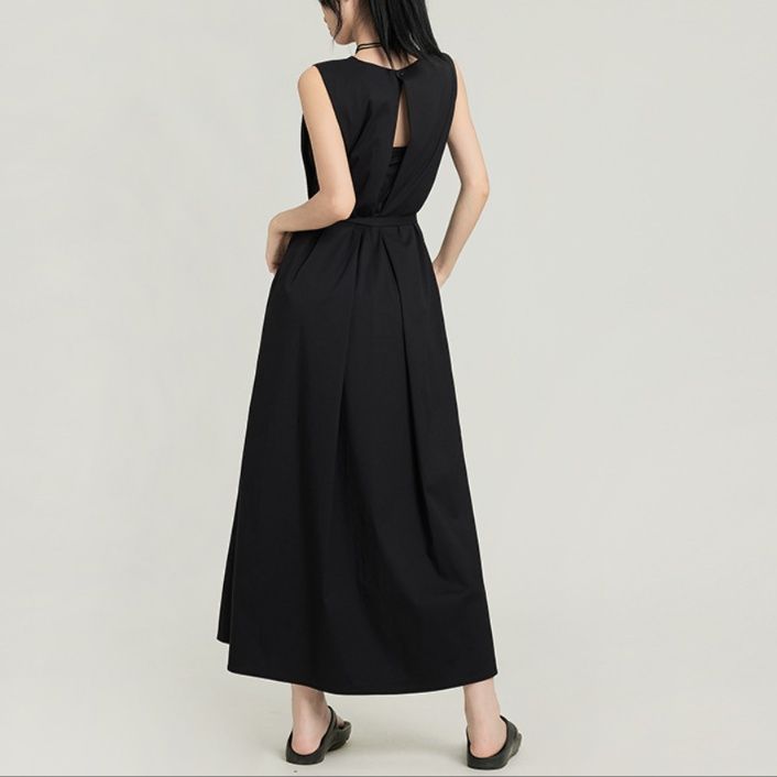 黒ドレス ロング ノースリーブ リボン ロングワンピース