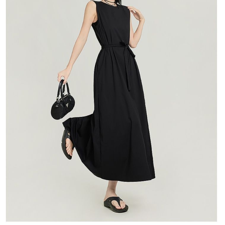 黒ドレス ロング ノースリーブ リボン ロングワンピース