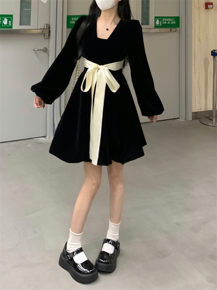 黒ドレス ベルベット リボン ワンピース 長袖 Aライン フレア