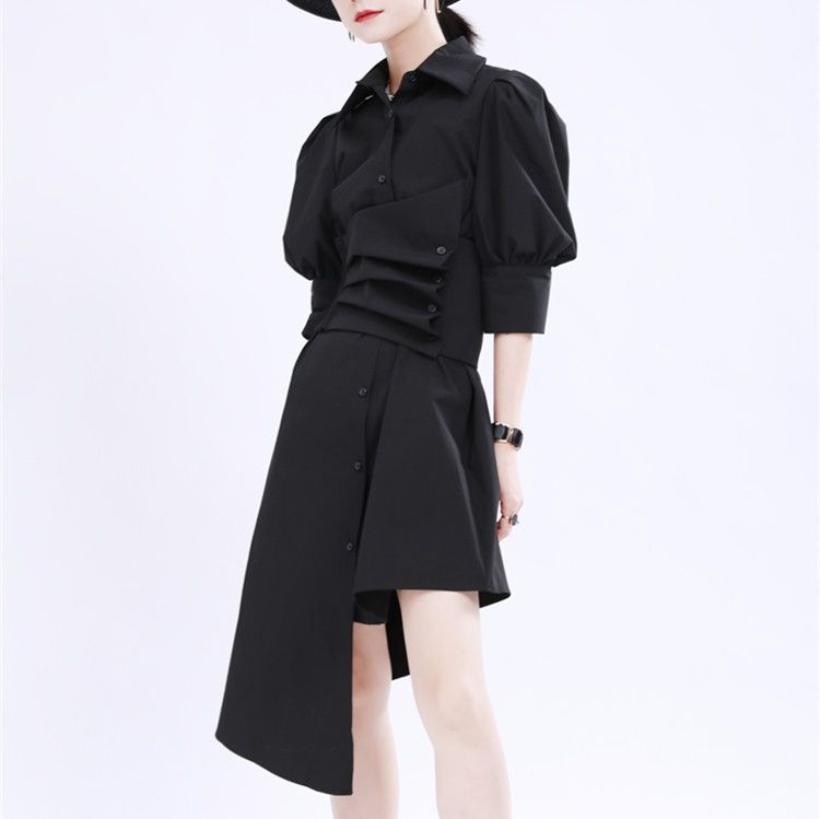 黒ドレスミディアム丈 パフスリーブ黒シャツワンピース ウエストベルト付き