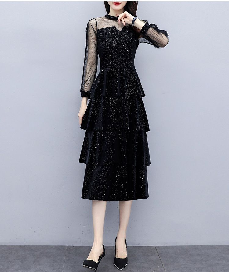 黒ドレス ティアードフリル輝きラメシアースリーブワンピース