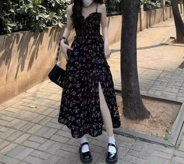 黒ドレス 小花柄スリットロングオフショルダー・キャミワンピース