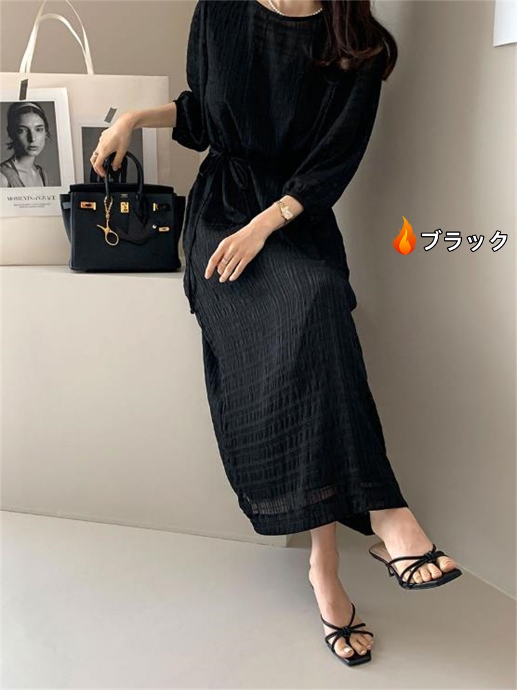 丸首七分袖リボン調節黒ドレス