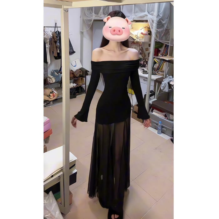 黒ドレス 肩魅せシアーマキシワンピース
