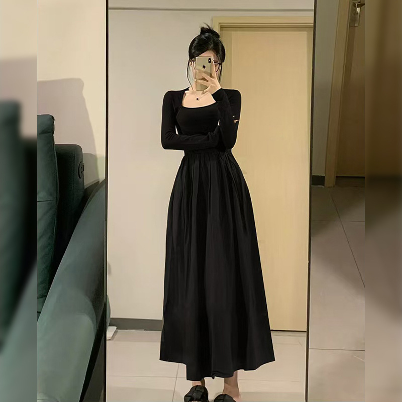 黒ドレス スクエアネック ロング ワンピース 長袖 Aライン