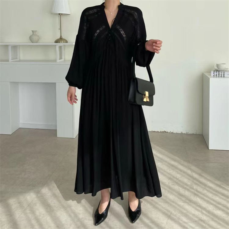 黒ドレス レトロモダン 刺繍レース 長袖マキシ丈ワンピース
