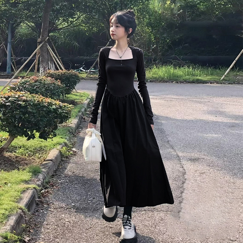 黒ドレス スクエアネック ロング ワンピース 長袖 Aライン