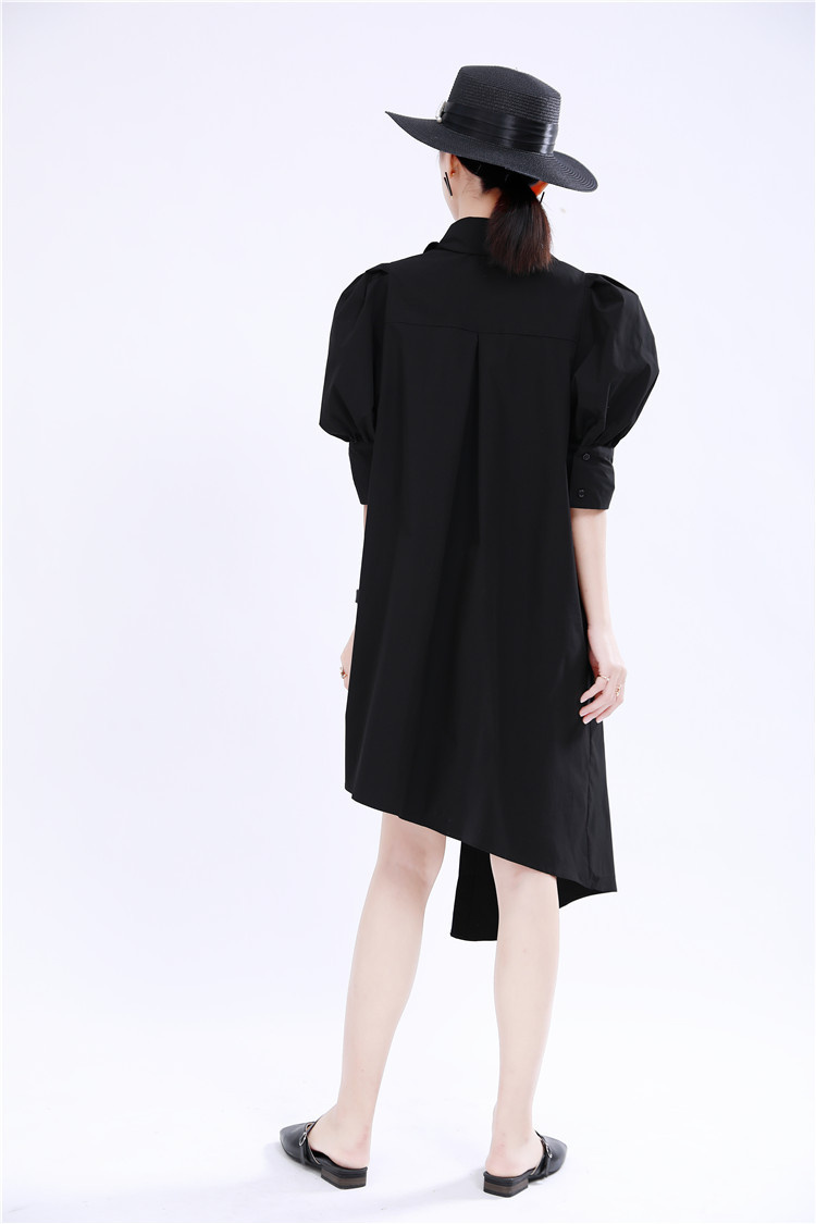 黒ドレス パフスリーブ黒シャツワンピース ウエストベルト付き