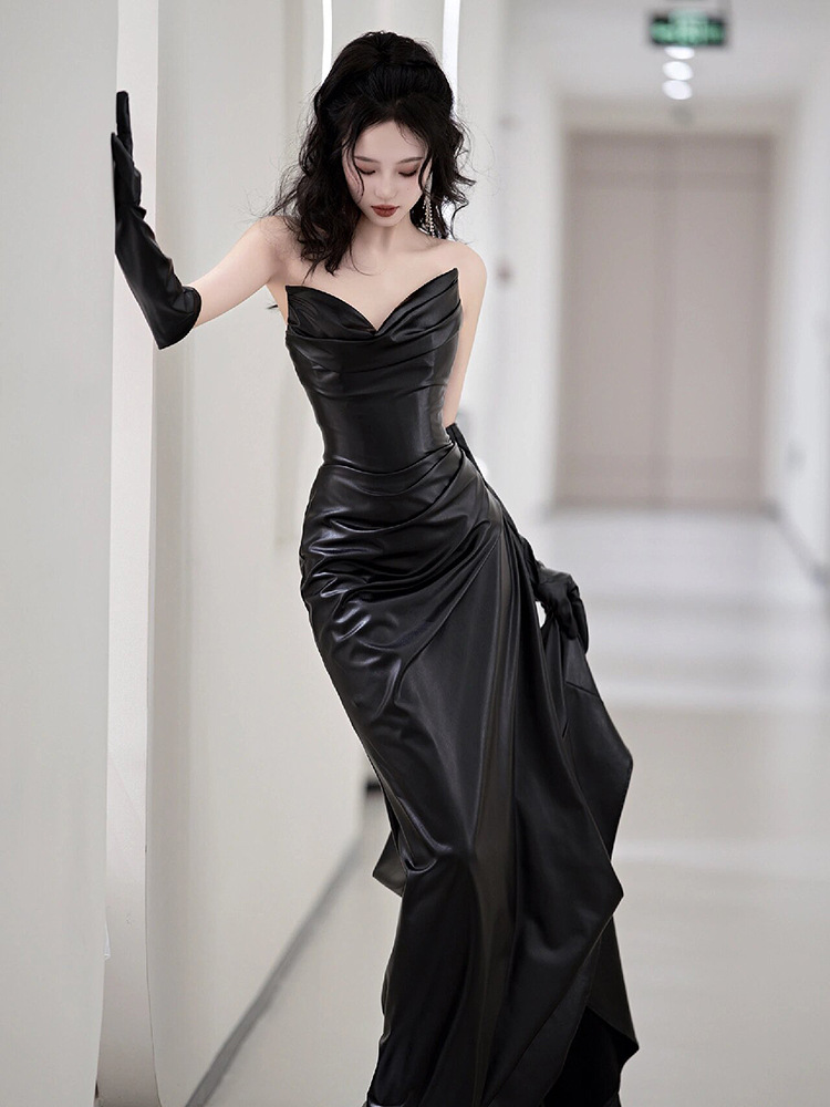 黒ドレス 優美なドレープマーメイドイブニングドレス
