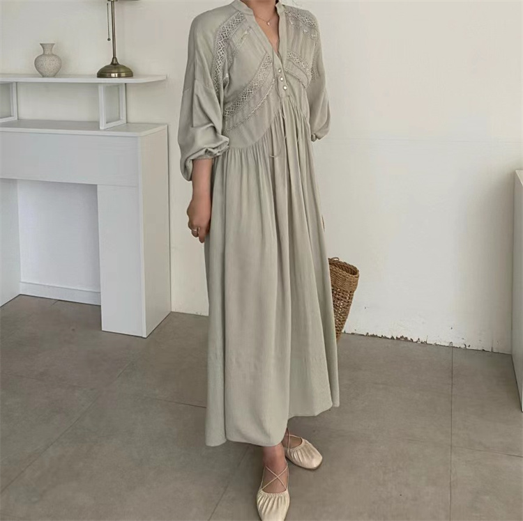 黒ドレス レトロモダン 刺繍レース 長袖マキシ丈ワンピース