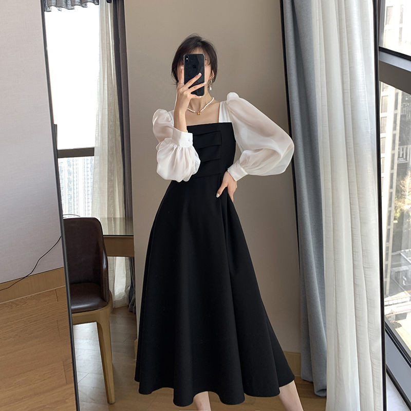 黒ドレス パフスリーブ切替デザインドレス