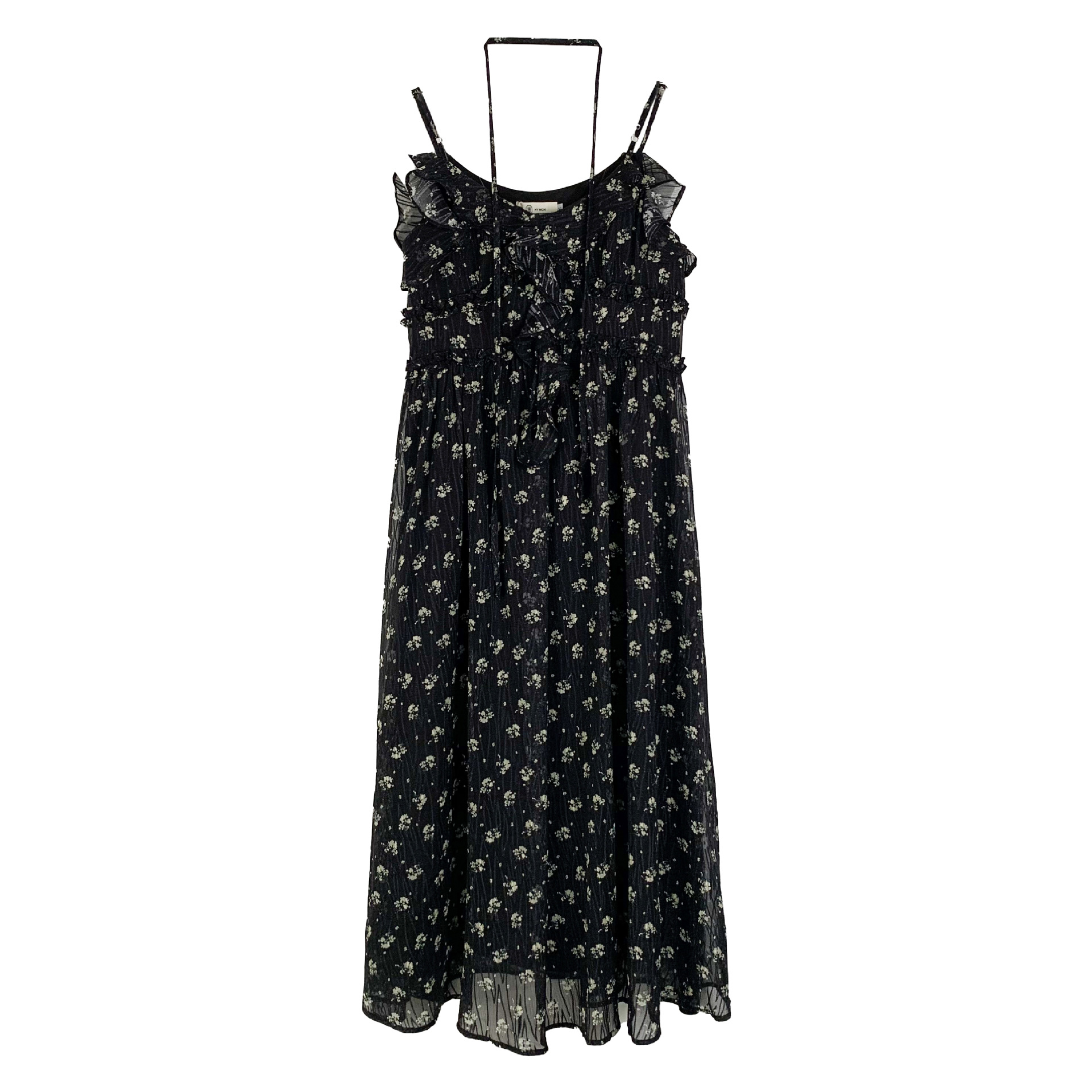 黒ドレス 小花柄シフォンロングキャミワンピース