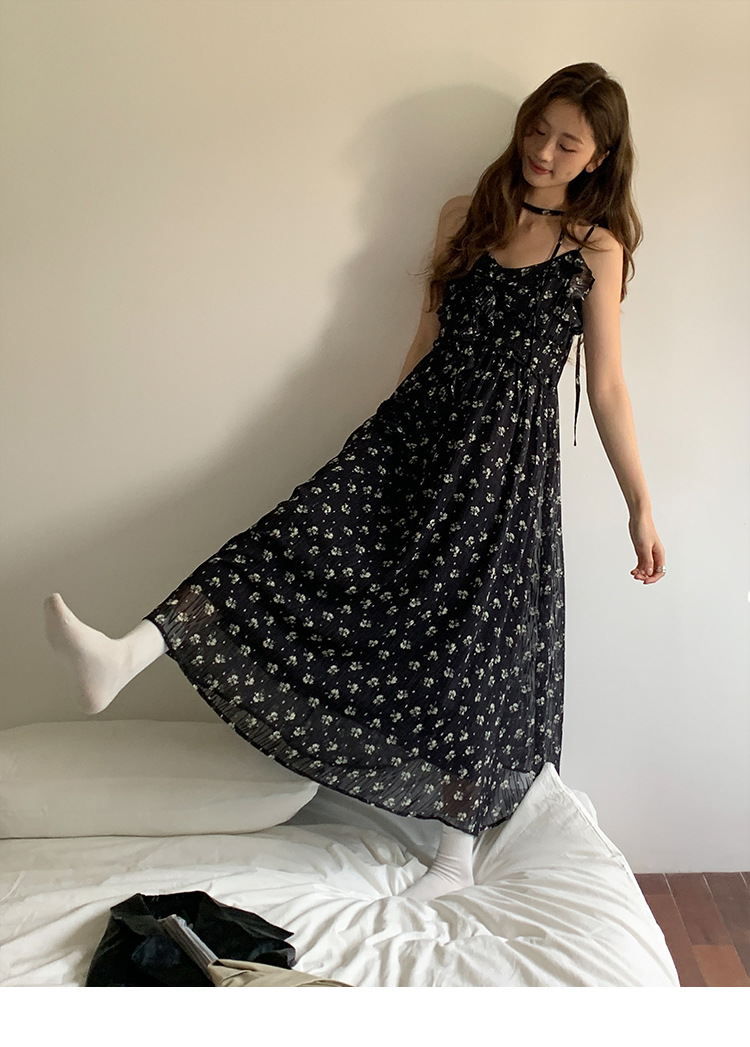 黒ドレス 小花柄シフォンロングキャミワンピース
