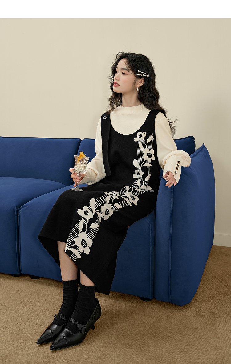黒ドレス 花柄デザインジャンパースカート