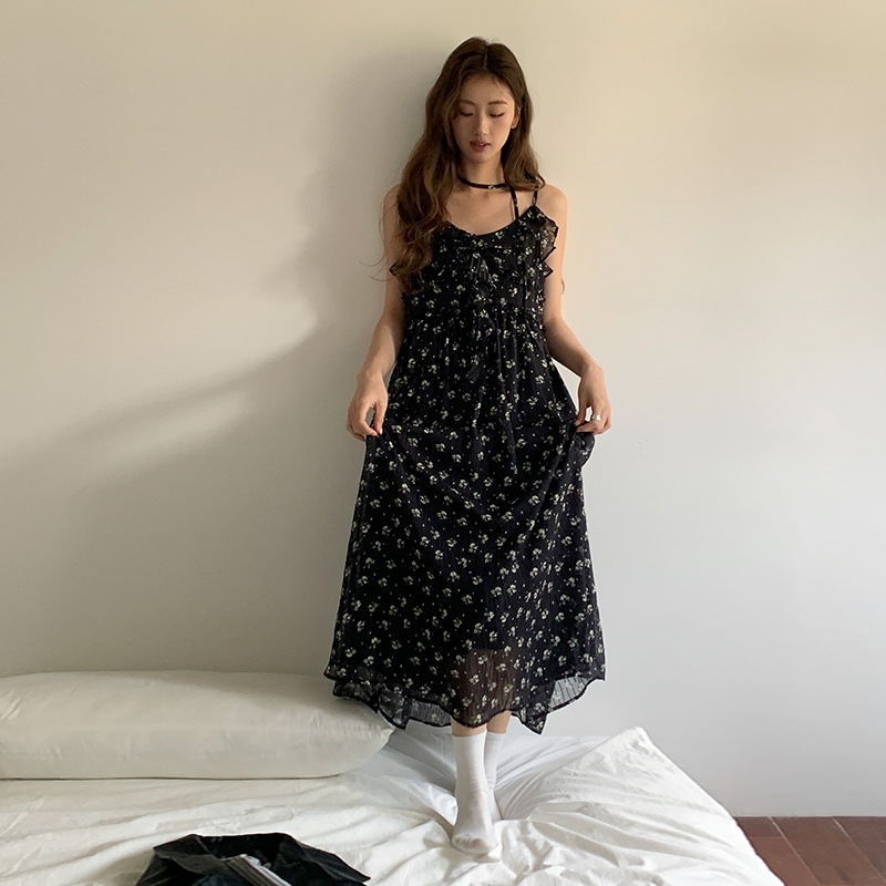 黒ドレス 小花柄シフォンロングキャミワンピース